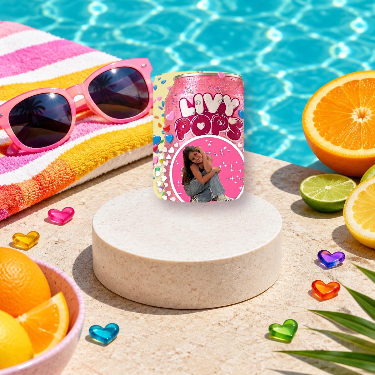 Pink Livy Pops soda can beside a bright swimming pool with citrus fruit and colorful hearts